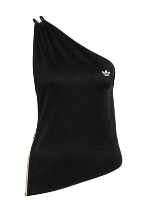 Top negro de un solo hombro hecho de tela suave y lisa, con un sutil patrón geométrico y un pequeño logo blanco en el pecho.