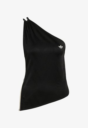 Top negro de un solo hombro hecho de tela suave y lisa, con un sutil patrón geométrico y un pequeño logo blanco en el pecho.