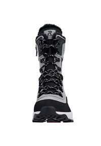 Black and gray hiking boot with a high collar, textured upper, and contrasting laces. Features a rugged sole and insulated lining.