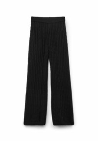Zwarte gebreide pantalons met wijde pijpen en een gestructureerd kabelpatroon. Voorzien van een geribbelde tailleband. Zachte stof, geschikt voor casual gebruik.