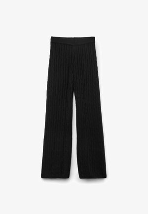 Schwarze, gestrickte weit geschnittene Hosen mit einem strukturierten Zopf-Muster. Mit einem gerippten Bund. Weicher Stoff, geeignet für den Freizeitlook.