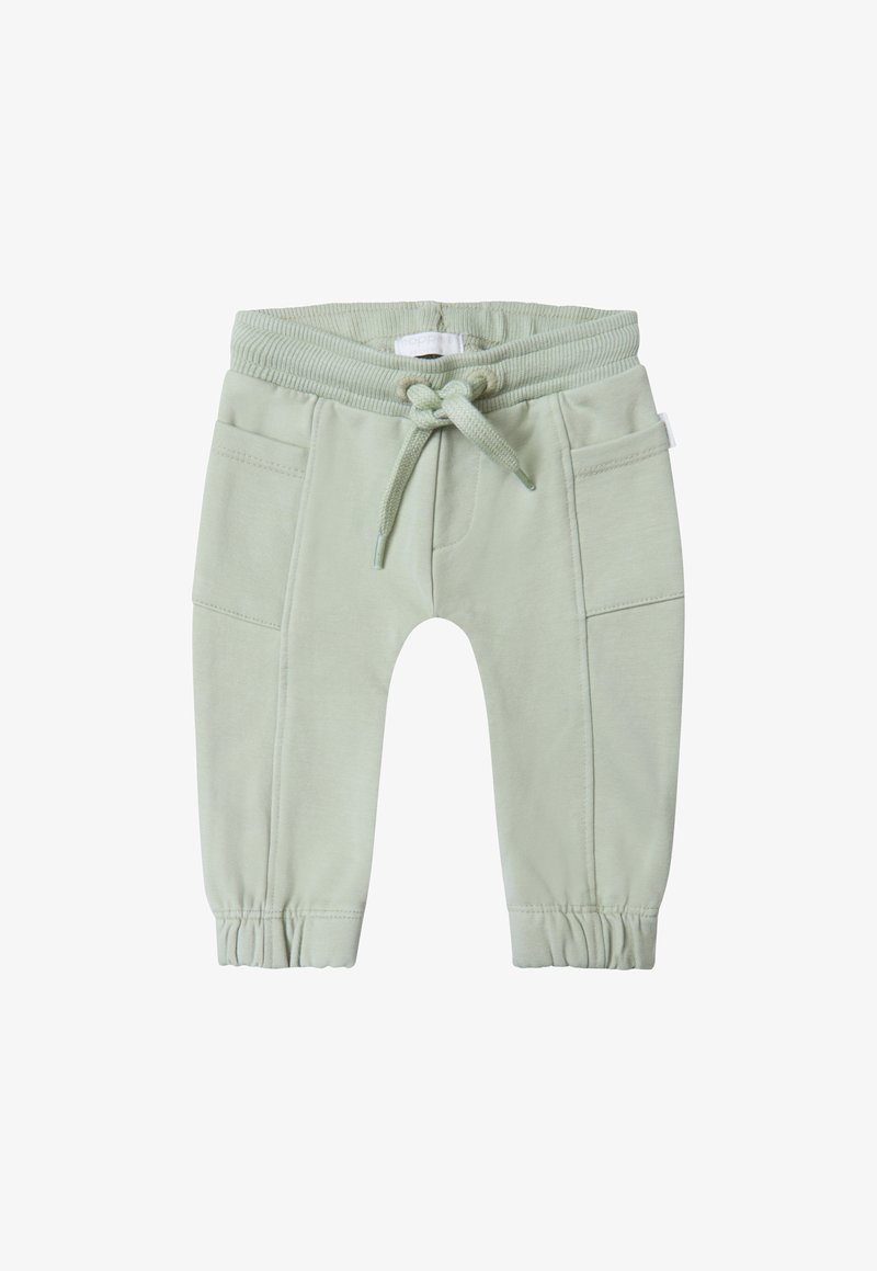 Hellgrüne Baumwoll-Sweatpants mit einem elastischen Bund, verstellbarem Kordelzug und zwei vorderen Taschen, ausgestattet mit gerafften Bündchen.