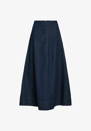 Tamsiai mėlynas džinsinis A formos sijonas su aukštu liemeniu, užtrauktuku gale ir laisvai krintančia siluetu. Lygus audinys, be raštų ar akcentų.