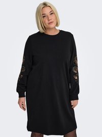 Must pika varrukaga kleit, millel on varrukatel lillemotiividega helmeste kaunistus, sirge lõige ja soonilised varrukaotsad, valmistatud pehmest materjalist.