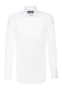 Vit långärmad skjorta i lättviktigt tyg, med knäppning fram, spetsig krage och en bröstficka.