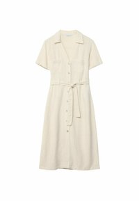 Beżowa midi sukienka z krótkim rękawem, z guzikami, kołnierzykiem, dwiema kieszeniami na piersi oraz związanym paskiem z materiału w talii.