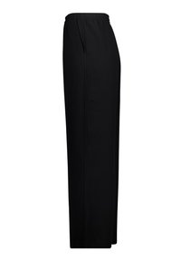 Black wide-leg trousers with an elastic waistband, side pockets, smooth texture, and tailored design for a relaxed fit.