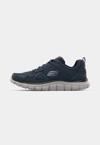 Navy athletic shoes with a mesh and synthetic upper, featuring a cushioned grey outsole and lace closure, designed for comfort and stability.