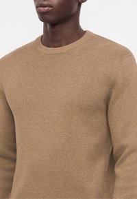 Homme portant un pull en tricot uni couleur chameau, col rond, visible de la poitrine au menton sur un fond neutre.