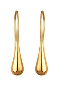 Guld dråbeøreringe med en glat, poleret overflade. Designet har en lang, slank form og en elegant krumning nær toppen.