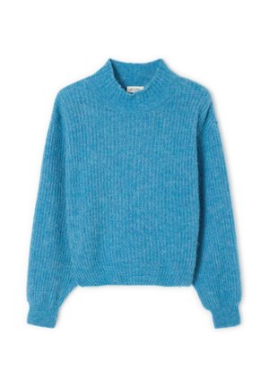 Maglione blu a coste con maniche lunghe e colletto alto, realizzato in un morbido tessuto peloso.
