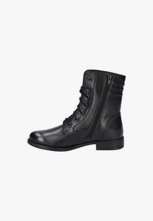 Black leather ankle boot with lace-up front, side zipper, and textured accents on the heel. Flat sole and smooth finish.