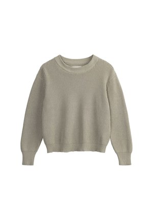Pull en tricot vert clair avec un col rond, des manches longues et une texture côtelée. Il présente un ourlet court et une coupe décontractée.