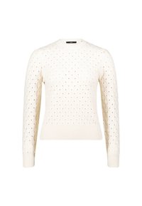 Cremfarbener gestrickter Pullover mit Rautenmuster, langen Ärmeln, gerippten Bündchen und Saum, mit einem offenen Gewebemuster.