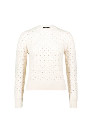 Cremefarvet strikket sweater med diamantmønster, lange ærmer, ribbede manchetter og kant, og med et åbent vævdesign.