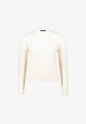 Cream-colored knitted sweater with a diamond pattern, long sleeves, ribbed cuffs and hem, featuring an open weave design.
