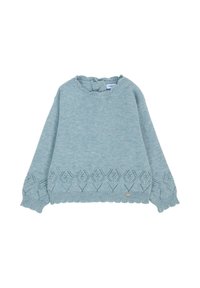 Pull en tricot bleu clair avec un col rond côtelé, un motif géométrique texturé à l'ourlet et des manches longues à coupe décontractée.