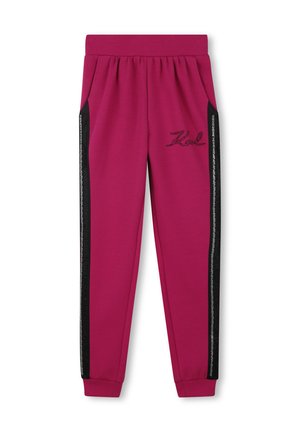 Pantalons de jogging fuchsia avec taille élastique, deux poches latérales, bandes noires sur les côtés et détail de logo brodé sur le devant.
