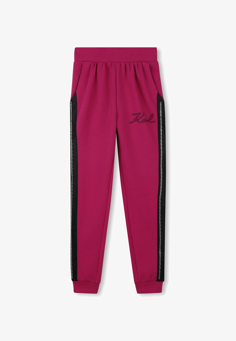Fuchsia joggerbroeken met elastische taille, twee zijzakken, zwarte zijstrepen en geborduurd logo aan de voorkant.