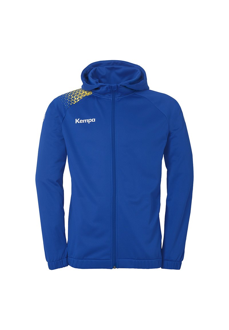 Haut à capuche zippé bleu en tissu doux, avec une capuche, des manches longues et un design géométrique jaune sur l'épaule. Logo à l'avant.