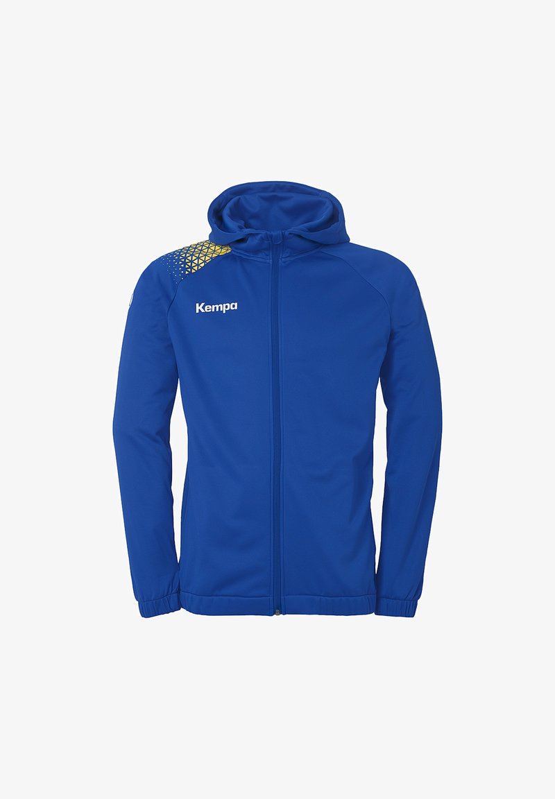 Haut à capuche zippé bleu en tissu doux, avec une capuche, des manches longues et un design géométrique jaune sur l'épaule. Logo à l'avant.