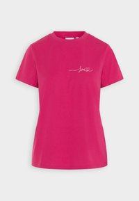 Fuchsia cotton t-shirt featuring a crew neck and short sleeves. Front left embroidered detail reads "love" in cursive script.