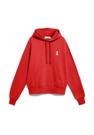 Roter Baumwollhoodie mit Kordelzugkapuze, Fronttasche und kleinem weißen Bandlogo auf der Brust. Weicher Stoff und lockere Passform.