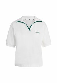 Biela polo košeľa s krátkymi rukávmi, zeleným golierom a lemovaním, s vyšitým logom na ľavej hrudi. Jemná textúrovaná tkanina.