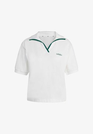 White polo shirt with short sleeves, green collar and trim, featuring an embroidered logo on the left chest. Soft, textured fabric.