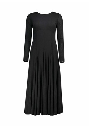 Robe noire à manches longues avec un col rond, présentant un corsage ajusté et une jupe plissée pour une apparence fluide. Texture lisse et sans motifs visibles.