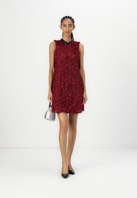 Bordeauxrode jurk met een textuur van bloemmotieven, mouwloos model en een ronde zwarte kraag. Gepaard met zwarte schoenen en een zilveren handtas.