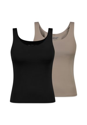 Zwei nahtlose Damen-Tanktops in Schwarz und Beige, frontseitig mit breiten Trägern und Rundhalsausschnitten.