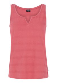 Mouwloze V-hals tanktop in koraal met horizontaal gestreept patroon. Gemaakt van zachte stof, met een subtiel patroon en een klein merketiket.