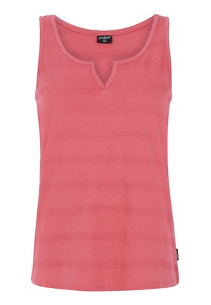 Mouwloze V-hals tanktop in koraal met horizontaal gestreept patroon. Gemaakt van zachte stof, met een subtiel patroon en een klein merketiket.