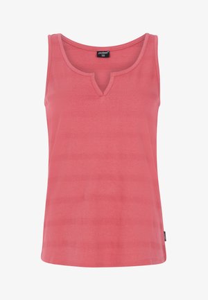 Ärmelloses, V-förmiges Tanktop in Koralle mit horizontal gestreiftem Textur. Aus weichem Material gefertigt, mit einem subtilen Muster und einem kleinen Markenschild.