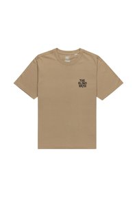 Tan cotton t-shirt with a crew neck. Features a small black graphic text that reads "THE BLIND PATH" on the left chest area.