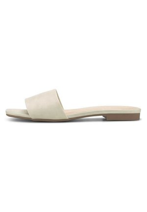 Beige flad slidesandal med bred rem over tæerne og en lav, firkantet hæl på hvid baggrund.