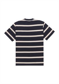 Mørkeblå t-shirt med cremefarvede vandrette striber, korte ærmer og rund halsudskæring. Glat tekstur; standard pasform.