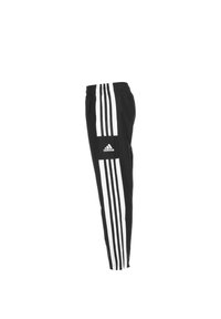 Melni sporta bikses ar baltām detaļām, tostarp trim vertikālām svītrām gar sāniem un Adidas logotipu priekšā.