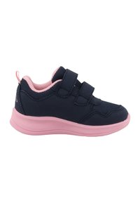 Granatowe buty sportowe z różowymi akcentami, z siateczkową cholewką, dwoma paskami z rzepami oraz amortyzowaną różową gumową podeszwą.