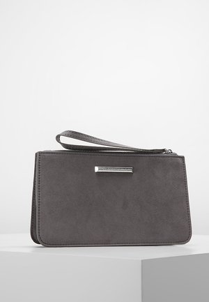 Gray faux suede handbag with a rectangular shape, zip closure, and a short wrist strap. Features a silver-tone accent on the front.