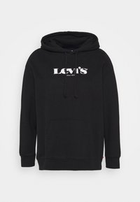 Felpa nera Levi's con tasca a marsupio frontale, lacci e logo bianco "Levi's Since 1873" stampato sul petto.
