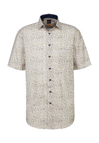 Camicia a maniche corte con bottoni realizzata in un tessuto leggero, con uno sfondo crema e un motivo floreale in blu e marrone, con bottoni scuri.