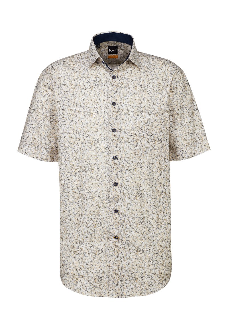 Camicia a maniche corte con bottoni realizzata in un tessuto leggero, con uno sfondo crema e un motivo floreale in blu e marrone, con bottoni scuri.