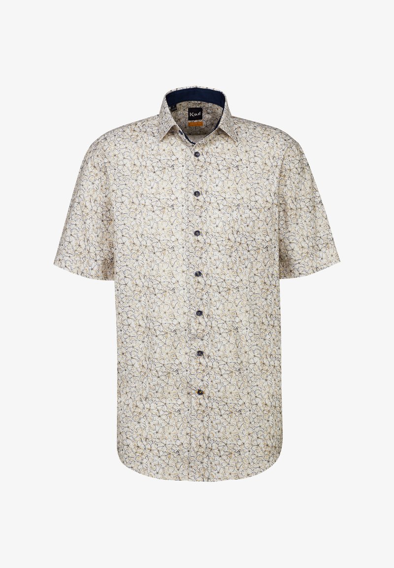 Camicia a maniche corte con bottoni realizzata in un tessuto leggero, con uno sfondo crema e un motivo floreale in blu e marrone, con bottoni scuri.