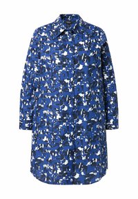 Blauw-wit gebloemde jurk met kraag, knopen aan de voorkant en lange mouwen. Gemaakt van lichtgewicht stof met een ontspannen pasvorm.