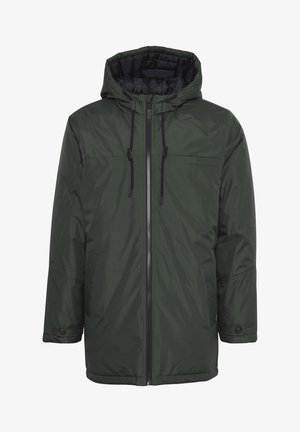 Veste isolante vert foncé avec fermeture éclair à l'avant, capuche ajustable et poches latérales. Extérieur lisse avec une coupe ample et pratique. Doublure intérieure noire.