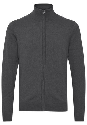 Dunkelgrauer Reißverschluss-Pullover mit hohem Kragen, gestrickter Textur, langen Ärmeln sowie gerippten Bündchen und Saum. Einfaches Design ohne zusätzliche Muster.