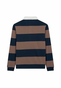 Polo a maniche lunghe con strisce orizzontali blu navy e marroni, colletto bianco e una vestibilità rilassata. Realizzato in morbido cotone con polsini a coste.