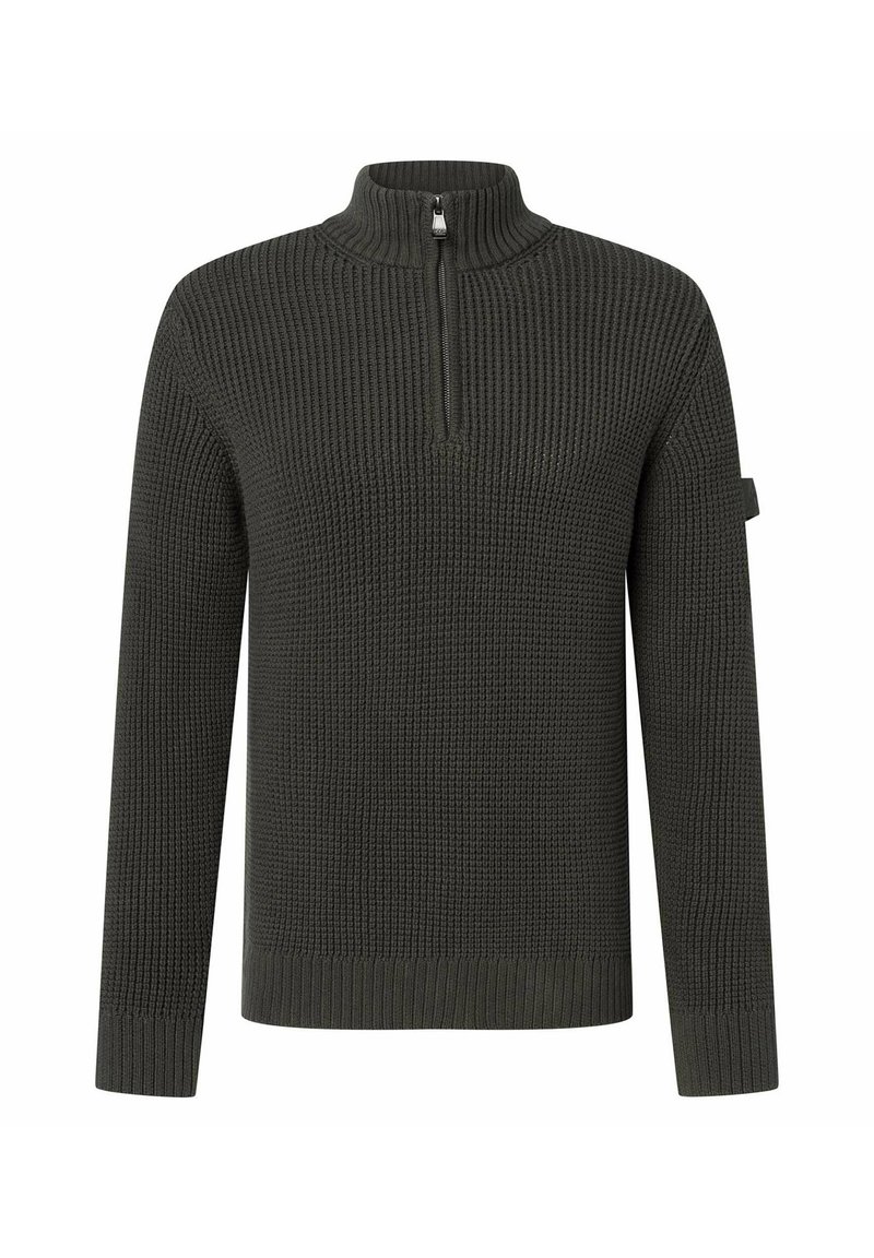 Mörkgrön stickad tröja med halvdragkedja och långa ärmar. Har ribbade muddar och fåll, strukturerad tyg och en diskret logopatch på ärmen.